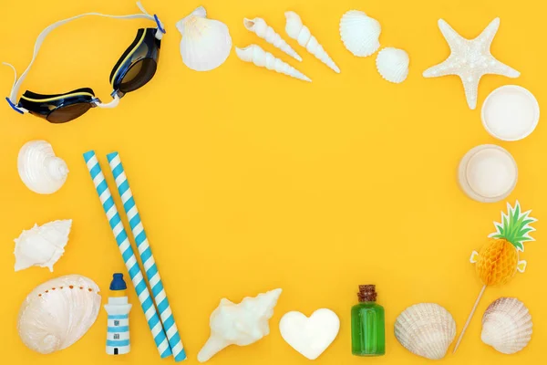 Beach Accessories Symbols Summer Protective Swimming Goggles Moisturizer Seashells Travel — Stock Photo, Image