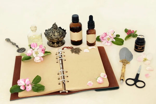 Apple Blossom Flowers Natural Remedies Herbal Flower Essence Notebook Essential — Stock Photo, Image