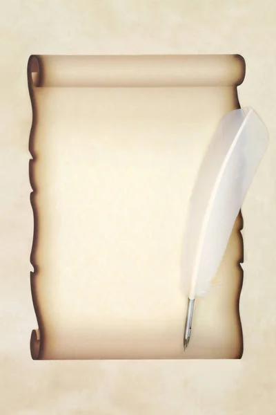 Χαρτί Περγαμηνής Κύλισης Φόντο Λευκό Φτερό Πένα Πένα Παραδοσιακός Γραφικός — Φωτογραφία Αρχείου