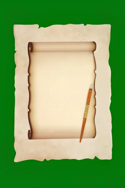 Equipo Escritura Antigua Usanza Con Bolígrafo Pergamino Sobre Fondo Verde — Foto de Stock