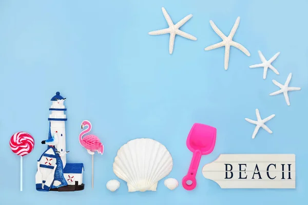 Summer Vacation Decorations Lighthouse Beach Sign Seashells Seaside Symbols Blue — Stock Photo, Image