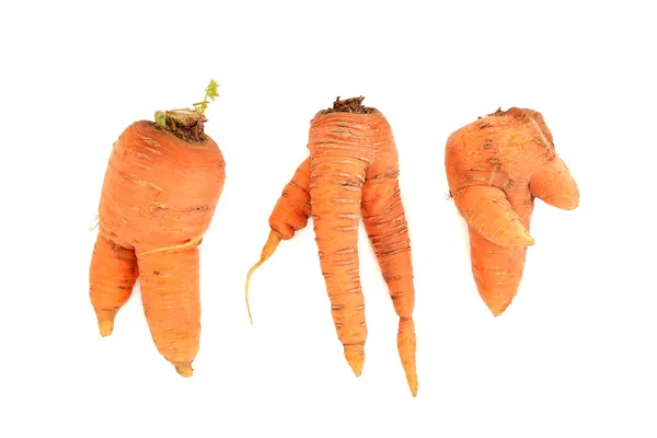 Скручена Виделка Деформована Мішана Морква Органічні Недосконалі Приклади Білому Тлі — стокове фото