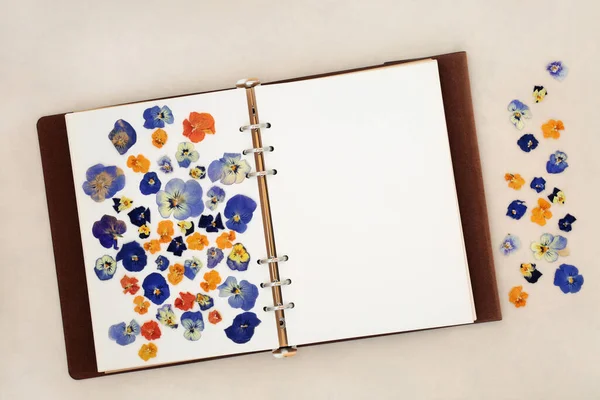 Dried pansy flower nature study with old leather notebook on hemp paper background. Floral nature composition of blue, orange, yellow and violet colored pansies