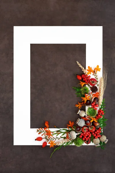 Nature background border for Thanksgiving and Autumn Fall harvest festival season with flowers, berry fruit, nuts with white frame on brown lokta paper.