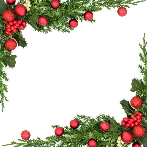 흰색에 Mistletoe 아이비 파이어 크리스마스 테두리 인사말 태그에 크리스마스 디자인 — 스톡 사진