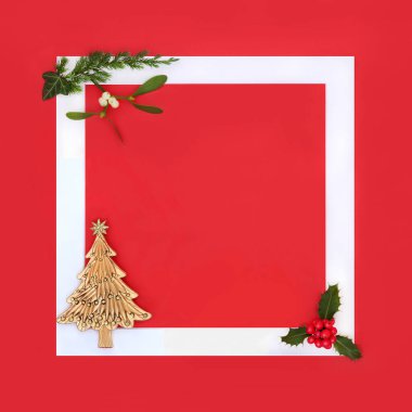 Noel ağacı süsü, Holly, kışın yeşillik arka plan çerçevesi. Bayram sezonu için bayram sembolleri, tebrik kartı, hediye etiketi, kırmızıda etiket.