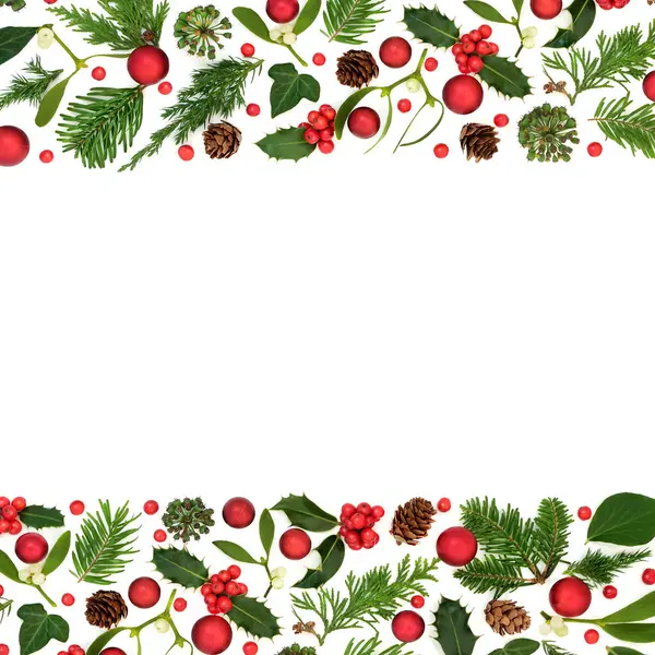 Christmas Winter Holly Mistletoe Greenery Red Bauble Background White Festive — Stock Photo, Image