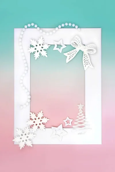 Kerst Rand Witte Sneeuwvlok Ster Boog Boom Decoraties Wit Frame — Stockfoto