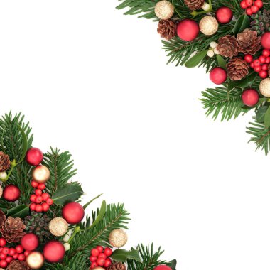 Kırmızı altın süslemeler ve kış bitkilerinin mutlu Noel arkaplan sınırları. Tebrik kartı, etiket, hediye etiketi, Noel, Noel, Noel, kış için mutlu bayramlar tasarımı.