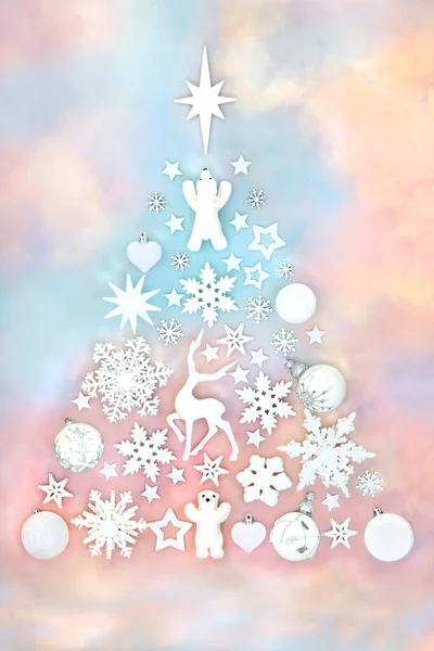 Christmas Tree Surreal Festive Design White Bauble Decorations Rainbow Sky — Stock Photo, Image