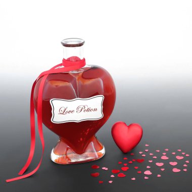 Aşk iksiri şeklindeki şişede sihirli karışım ve gri renkte kırmızı kalp süslemeleri var. Sevgililer Günü romantik aşk konseptim ol..