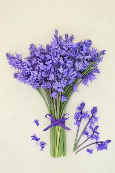 Блакитна Квітка Позі Весни Конопляному Папері Пов Язана Фіолетовим Стрічковим Ліцензійні Стокові Зображення