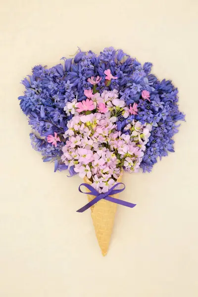 Surreal Spring Bluebell Red Campion Nemesia Flower Ice Cream Cone — Stock Photo, Image