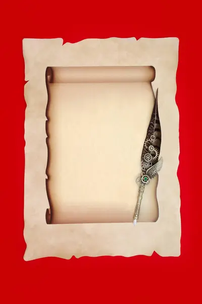 Пергаментний Паперовий Прокрутка Декоративною Старовинною Ручкою Перо Червоному Тлі Канцелярське Стокова Картинка