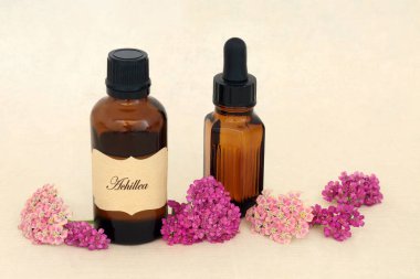 Doğal bitkisel ilaçlar ve gerekli yağ şişeleri için Achillea arrow çiçeği çiçeği özü. Hemoroidleri, yaraları, şişkinlikleri, gazları tedavi ediyor. Kenevir kağıdında.