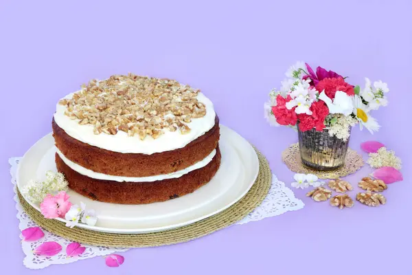 Iced Carrot Walnut Cake Summer Flowers Purple Background Homemade Delicious Stock Photo