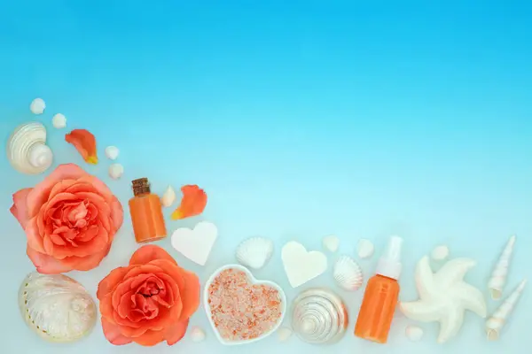 Produkty Pielęgnacji Kwiatów Róży Pomarańczową Florą Solami Żelem Pod Prysznic Obrazek Stockowy