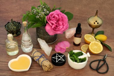 Love potion preparation for magic spell with ingredients of rose flower, thyme, mint, lemon fruit and honey. Occult divination esoteric concept for Valentines Day. clipart