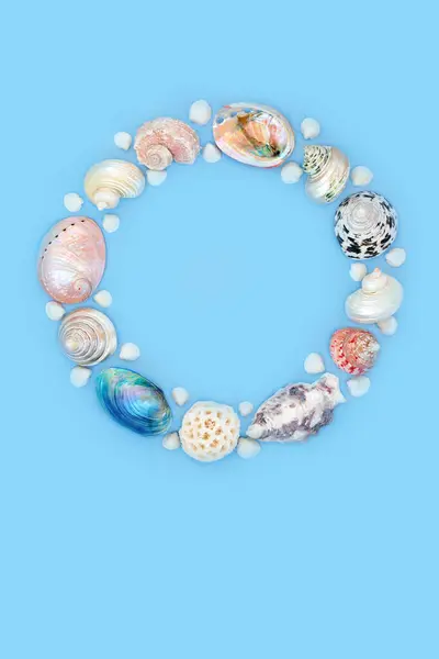 Perlmutt Und Natürliche Muschelkranzdekoration Auf Blauem Hintergrund Sommerkunst Meer Für Stockfoto