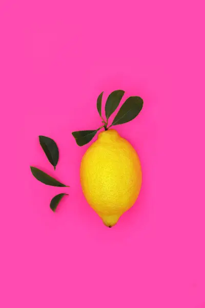 鮮やかなピンクのガウディの背景に葉が付いている夏のレモン柑橘類のフルーツの設計 抗酸化物質 バイオフラボノイド ビタミンCで体重減少を助ける健康的な食品 ストックフォト