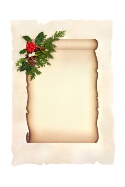Parti davetiyesi için yılbaşı kağıdı ya da Noel Baba 'ya kutsal, ökseotu üzümü ve canlı köknar yeşiliyle birlikte beyaz üzerine yazılmış parşömen üzerine yazılmış bir mektup. Şenlikli kış doğa sezonu tasarımı.