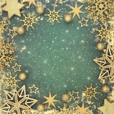 Christmas gold star, bulb, snowflake decorations on fantasy grunge green background border. Festive holiday season magical decorative design for Xmas New Year, Yule, Noel.   clipart