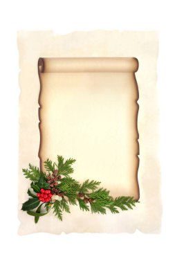 Kağıt parşömendeki Noel florası davetiye için ya da beyaz arka plandaki parşömendeki Noel Baba 'ya mektup için. Noel, Noel ve Noel için kutsal ve ökseotu üzümlü şenlikli kış yeşilliği..