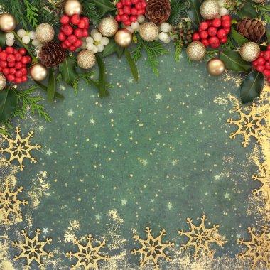 Noel kış florası, altın sarısı kar tanesi dekoratif arka plan, kırmızı kutsal meyveler, ökseotu, sarmaşık, sedir, grunge yeşili ardıç köknarı. Noel Xmas için şenlik tasarımı.