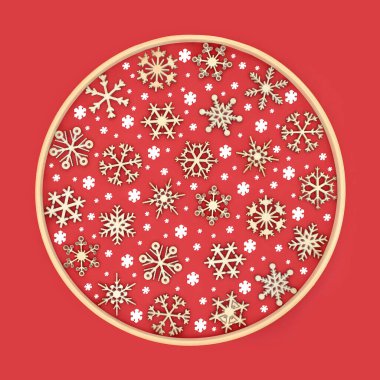 Noel ağacı ve beyaz kar tanesi dekoratif tasarımı çerçeveli kırmızı arka planda. Noel, Noel, Noel bayramı, logo, tebrik kartı için şenlik dekorasyonu.. 