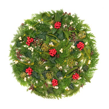 Kış gündönümü çobanpüskülü, ökseotu, sarmaşık, sedir köknarı yaprağı filizi, beyaz üzerine doğal Noel dairesi süslemesi. Doğa florası yeşil logo soyut cadı, pagan, Druid kompozisyonu.