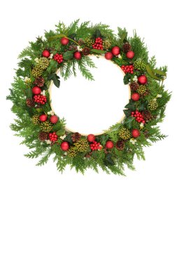 Noel kırmızı çelengi süslemesi, kırmızı kutsal meyveler, sarmaşık, ökseotu, beyaz arka planda köknar. Noel Noel Noel Xmas bayramı için geleneksel tasarım.