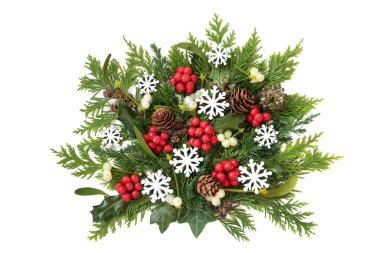 Noel şenliği kar tanesi ve kış yeşili flora süslemesi. Doğal kutsallık, ökseotu, sarmaşık, köknar, beyaz arka planda çam kozalakları.