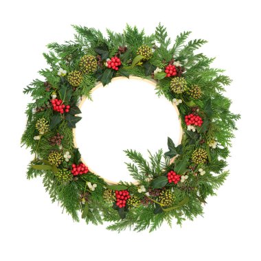 Noel kış çelengi doğal bitki örtüsü, kutsal çilek, sarmaşık, ökseotu, beyaz ahşap çerçeveli sedir köknarı. Noel Noel Xmas için doğal tasarım. Pagan Druid sembolü.