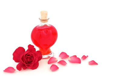 Gül çiçeği ve kalp şeklinde parfüm şişesi olan taç yaprakları. Beyaz arka planda sevgililer günü ya da doğum günü hediyesi. Romantik aşk konsepti.