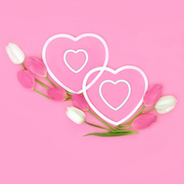 Bahar lale çiçeği iki çift kalp şeklinde çerçeveli pembe arka planda romantik tasarım. İlkbahar Paskalya Doğası Sevgililer Günü konsepti.