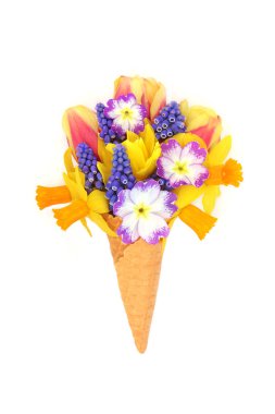 Gerçeküstü bahar dondurması, lale, nergis, narsisli ve çuha çiçekli. Logo ve tebrik kartı için eğlenceli mevsimlik çiçek sembolü.