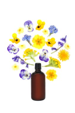 Gerçeküstü Bahar Çiçeği aromaterapisi doğal bitkisel ilaçlar için gerekli yağ şişesi. Doğal alternatif çözümler için soyut çiçek tasarımı. Beyaz üzerine.
