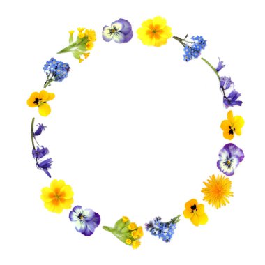 Beltane festivali için çiçek çelengi. Anneler Günü için doğa logosu tasarımı, doğum günü, yıldönümü, tebrik kartı. Beyaz üzerine.