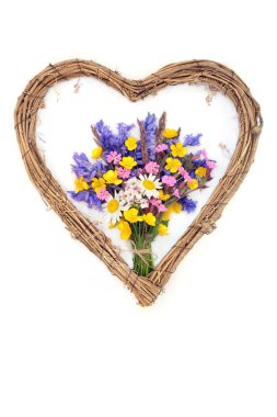 Beyaz arka planda romantik kalp çelengi bahar çiçeği Beltane demeti. Çiçeksel doğa tasarımı logo için aşk sembolü, doğum günü için tebrik kartı, anneler günü..