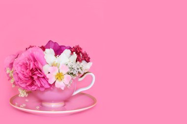 Pembe yaz çiçekleri pembe arka planda çay fincanındaki güzellik. Endişe ve stres giderici sağlık hizmetleri için bitkisel ilaç malzemeleri. Gerçeküstü yemek sanatı kompozisyonu.