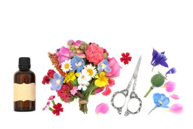 Beyaz arka planda yaz çiçekleri ve gerekli yağ şişesi olan doğal alternatif bitkisel ilaçlar. Bütünsel sağlık için taze çiçek malzemeleri..