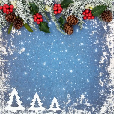 Noel ağaçları soyut çerçeve kış flora süslemesi grunge mavi arka plan, Holly, kırmızı böğürtlen, ökseotu, kar kaplı köknar. Xmas kartı için şenlik tasarımı.