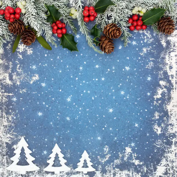 Noel ağaçları soyut çerçeve kış flora süslemesi grunge mavi arka plan, Holly, kırmızı böğürtlen, ökseotu, kar kaplı köknar. Xmas kartı için şenlik tasarımı.