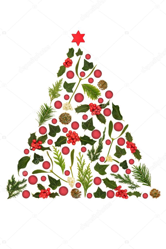 Christmas red bauble and flora tree shape surreal concept with winter holly, mistletoe, ivy, fir on white background. Festive Xmas winter design for holiday season.