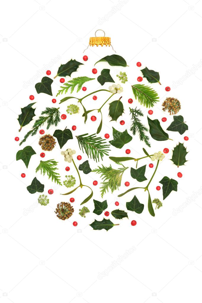 Winter Christmas nature flora round shape bauble decoration with holly berries. Natural design concept for pagan druid solstice and festive Xmas holiday season.