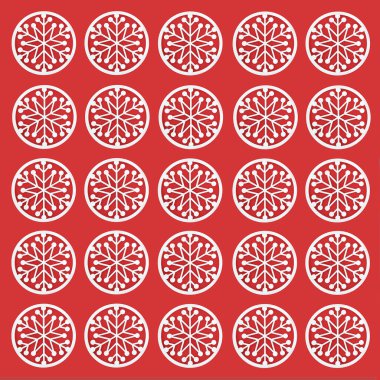 Noel beyazı kar taneleri kırmızı arka planda tekrarlanıyor. Noel, Noel ve Noel için Noel Noel Noel tatili için ağaç süslemeleri. Soyut, kusursuz dekoratif tasarım.