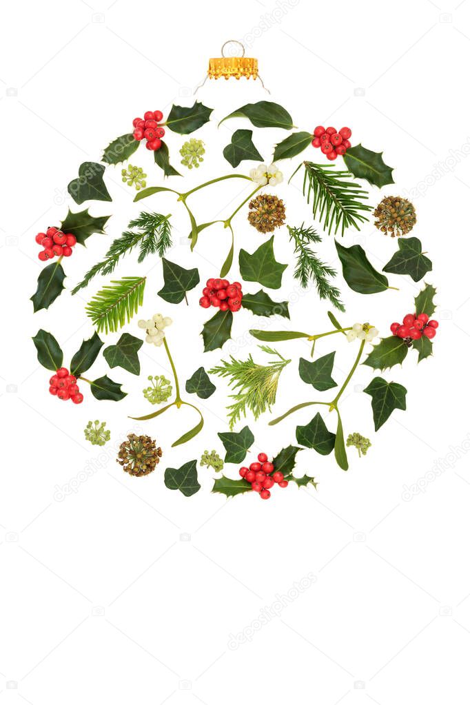 Traditional Winter Christmas nature flora round shape bauble decoration. Natural design concept for pagan druid solstice and festive Xmas holiday season.