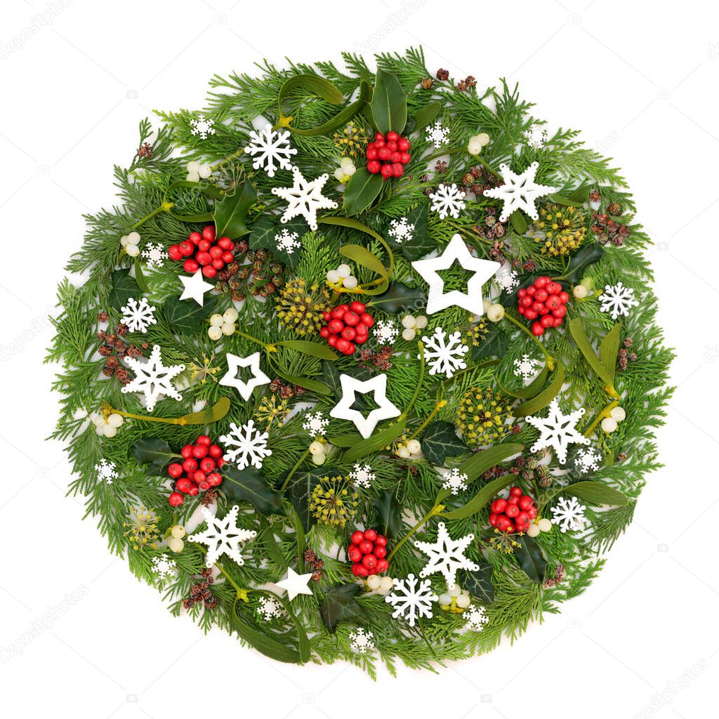 Christmas winter holly berry, mistletoe, ivy, cedar fir, pinecone circle decoration on white. Nature flora green logo wicca, pagan, druid festive design.