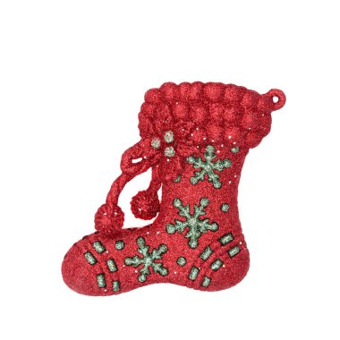 Noel kırmızı çorap süsleme süsü, beyaz arka planda kar tanesi tasarımı. Tatil sezonu için ışıl ışıl bir sembol.. 