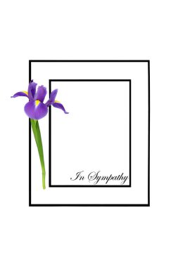 RIP, siyah çerçeveli siyah süsen çiçekli yaşam anıtı kartı. Cenaze töreni ya da hizmet düzeni için en az anma arkaplan tasarımı.